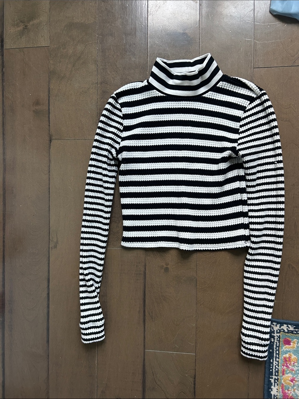 Black & White Striped Turtleneck Crop waffle tee